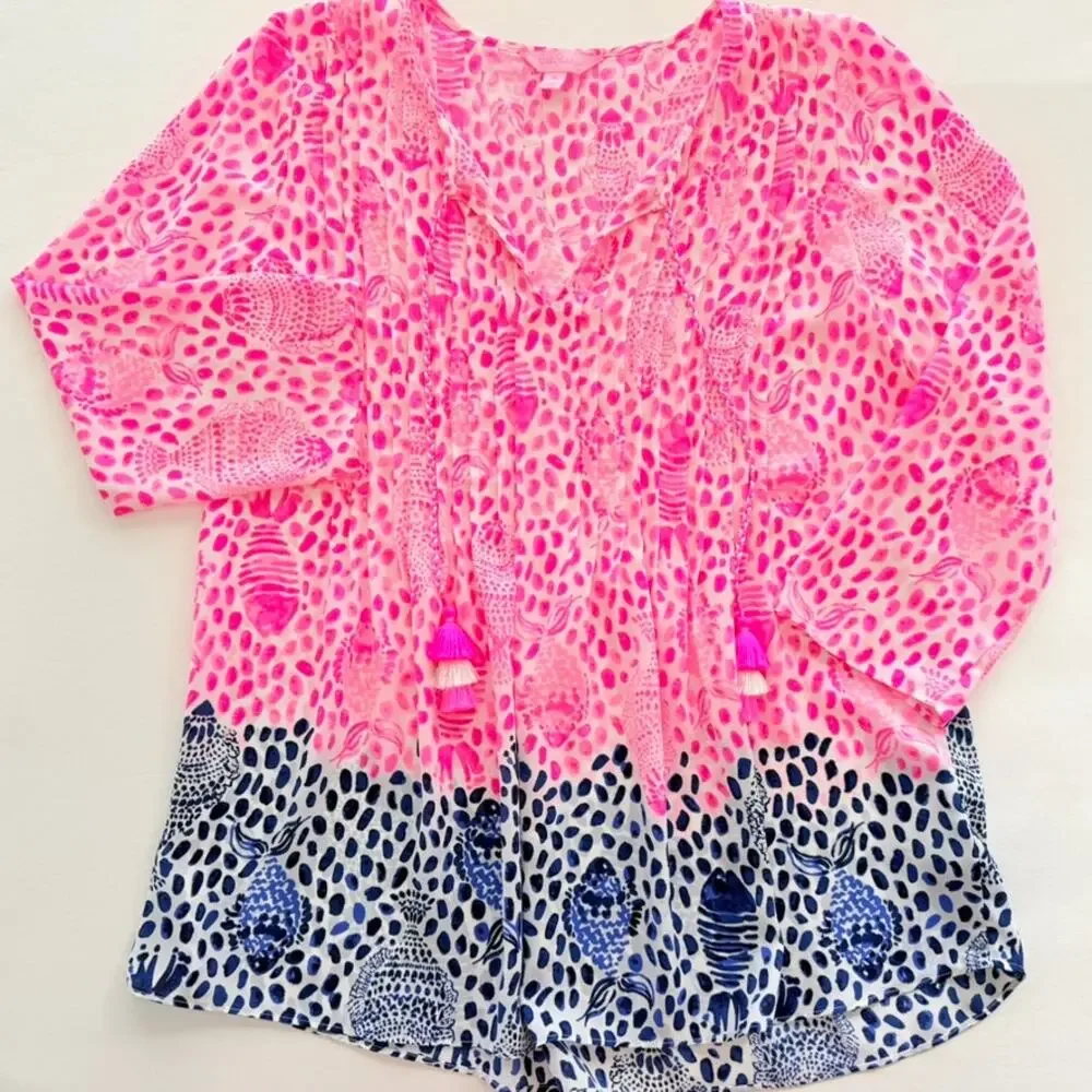 Lilly Pulitzer Marilina Tunic Top Size Medium Neon Raz Pink Blue Fish Print - Picture 2 of 7
